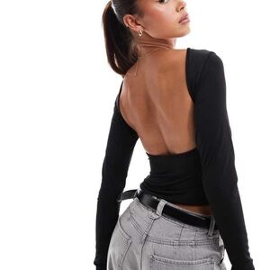 Stradivarius slash neck open back long sleeve top in black